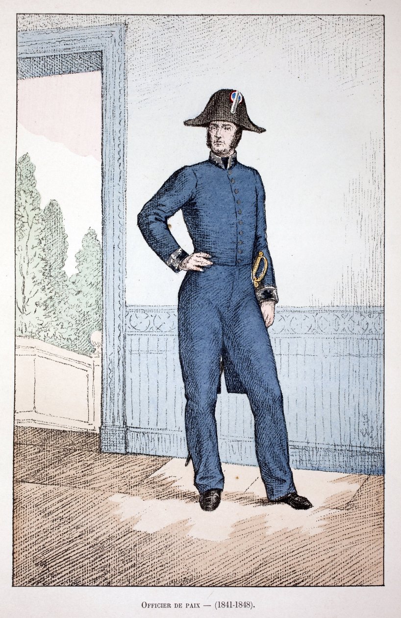 Mírový důstojník (1841-1848). Barevný lept, pro ilustraci Kniha „Historie sboru mírových sil“““ vydaná pod záštitou Louise Lepinea (1846-1933), prefekta policie na Seině, od Alfreda Reye (1864-?) a Louise Ferona (1862 - od Unknown artist