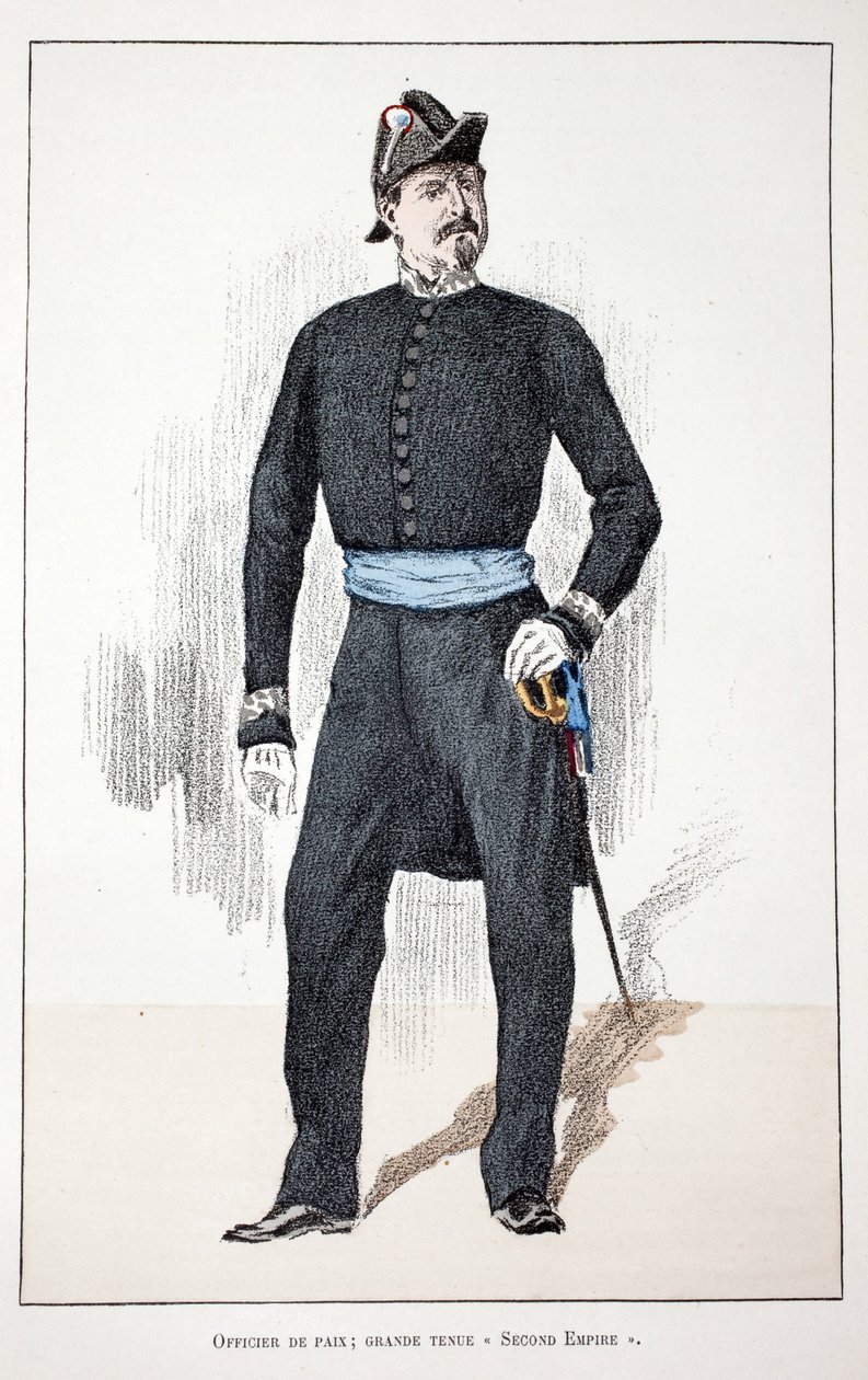 Důstojník míru, Velká druhá říše (1852-1870). Eau forte en couleurs, pour ilustraci “” Histoire du corps des gardiens de la paix””” kniha vydaná pod záštitou Louis Lepine (1846-1933), prefet de police de la Seine, Alfred Rey (1864- od Unknown artist