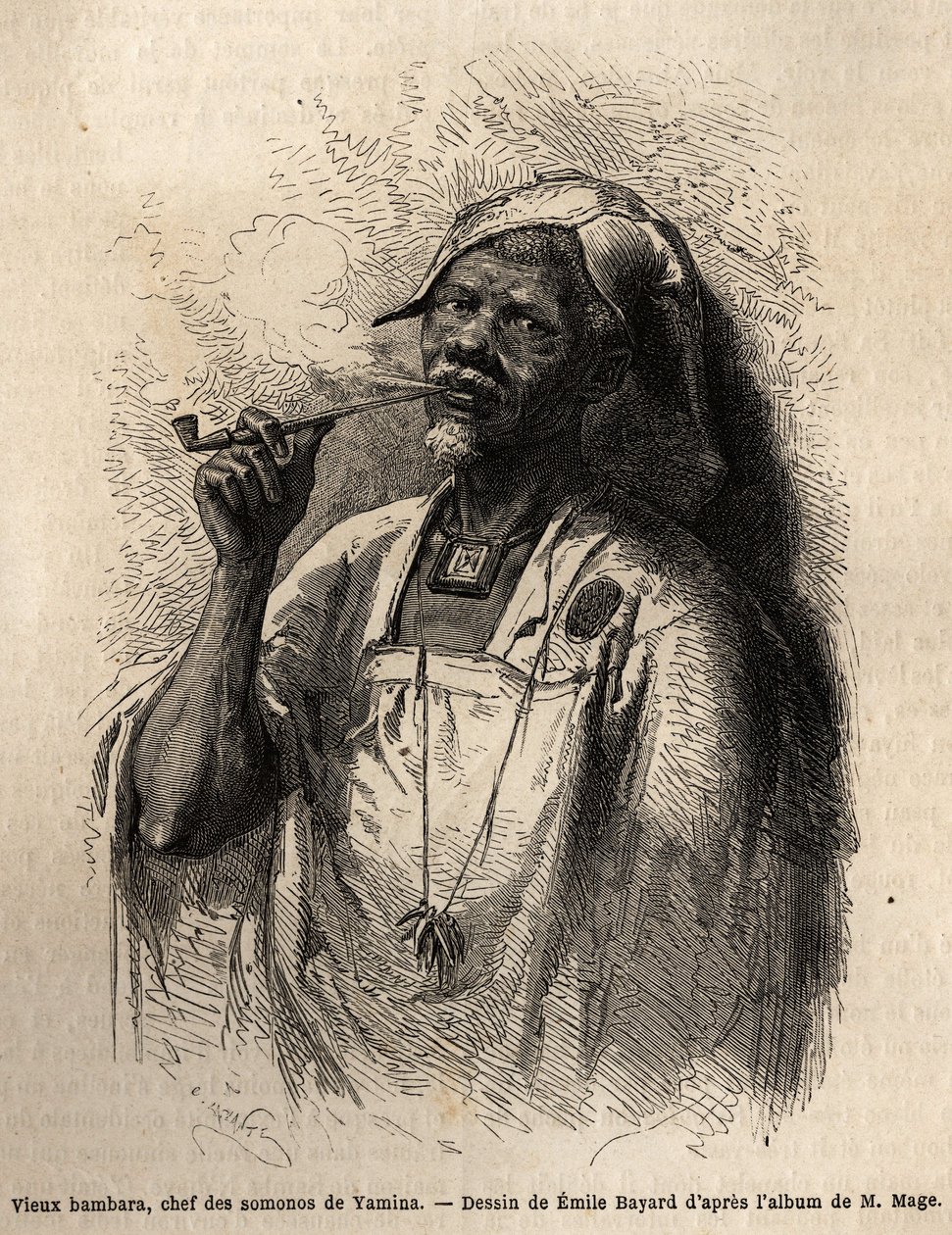 Starý Bambara, náčelník kmene v Yamině (Niger), kouří dýmku a nosí tradiční náčelník svého kmene. Rytina pro ilustraci plavby poručíka (námořnictva) M. Mage do západního Súdánu v letech 1863-1866, publikovaná v „Le tour du monde, nouveau jour od Unknown artist
