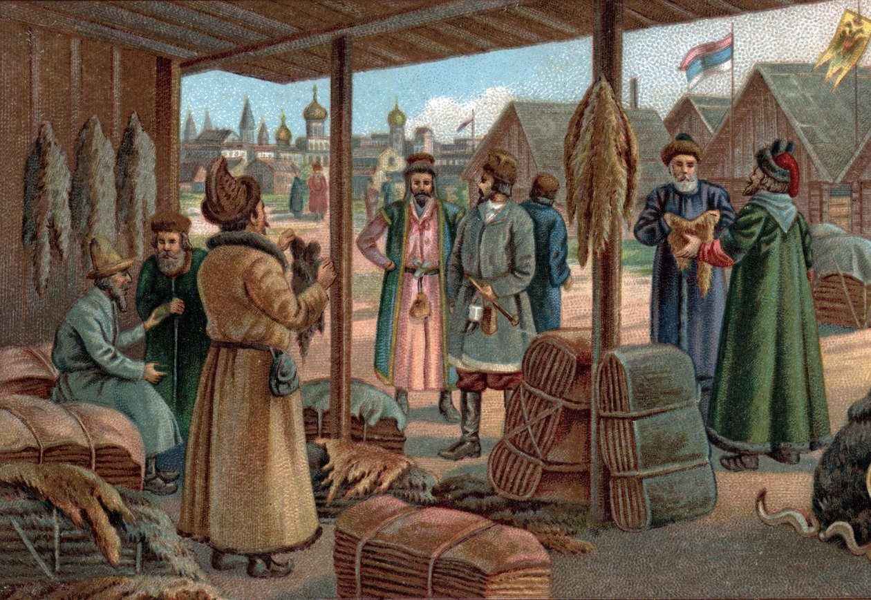 Old Shopping Malls: Fur Fair in Novgorod (Veliky Novgorod), Rusko v 19. století. Chromolitografie konce 19. století od Unknown artist