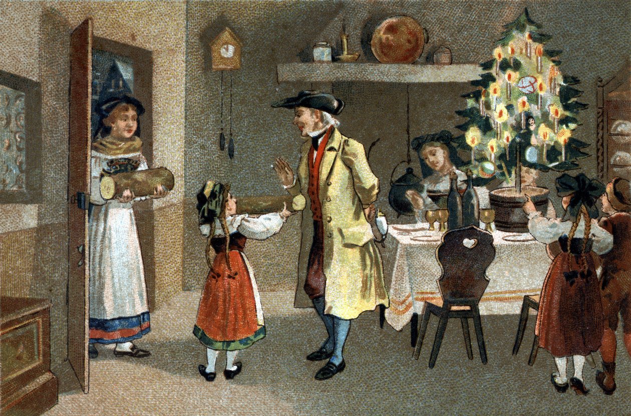 Starý zvyk oslavovaný v oblasti Alsaska: vánoční keř. Chromolitografie konce 19. století. od Unknown artist