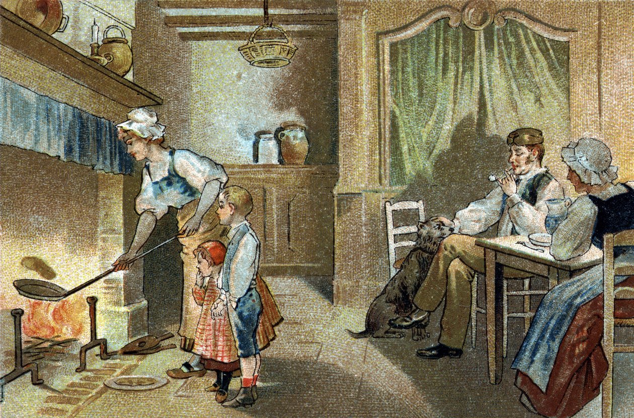 Starý zvyk oslavovaný v oblasti Berry: svícnové palačinky. Chromolitografie konce 19. století. od Unknown artist