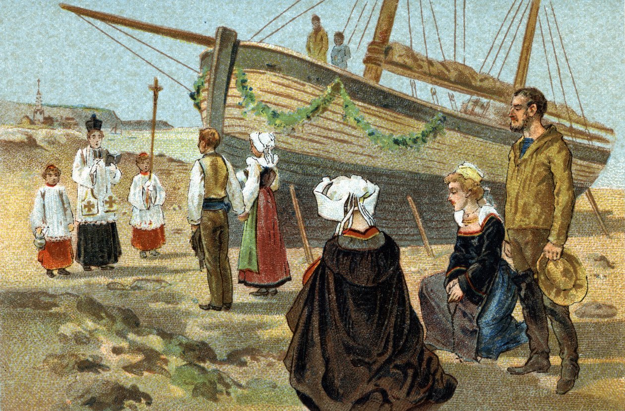 Starý zvyk oslavovaný v regionu Bretaň: křest rybářské lodi. Chromolitografie konce 19. století. od Unknown artist