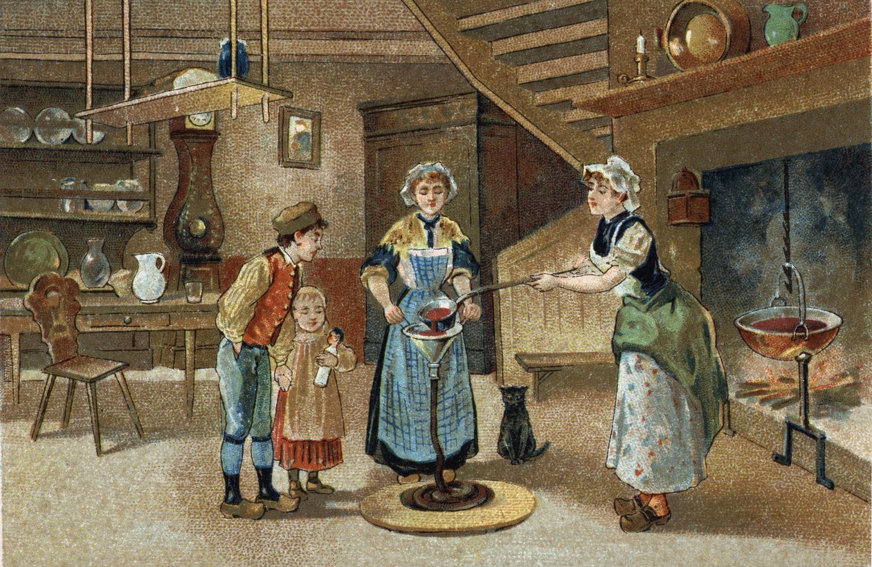 Starý zvyk oslavovaný v regionu Dauphiné: La boudinée. Chromolitografie konce 19. století. od Unknown artist