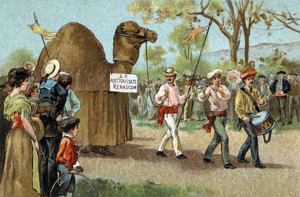 Starý zvyk oslavovaný v regionu Languedoc: Procházka velblouda v den svaté Afrodity. Chromolitografie konce 19. století. od Unknown artist