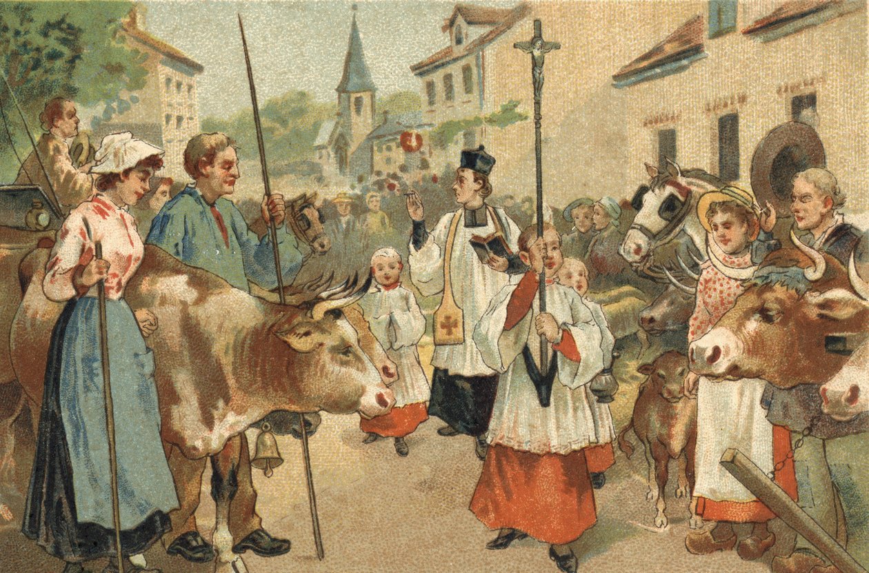 Starý zvyk oslavovaný v oblasti Nivernais: žehnání stád. Chromolitografie konce 19. století. od Unknown artist