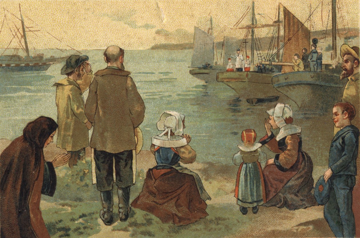 Starý zvyk oslavovaný v oblasti Bretaně: požehnání Terre Neuvas. Chromolitografie konce 19. století. od Unknown artist