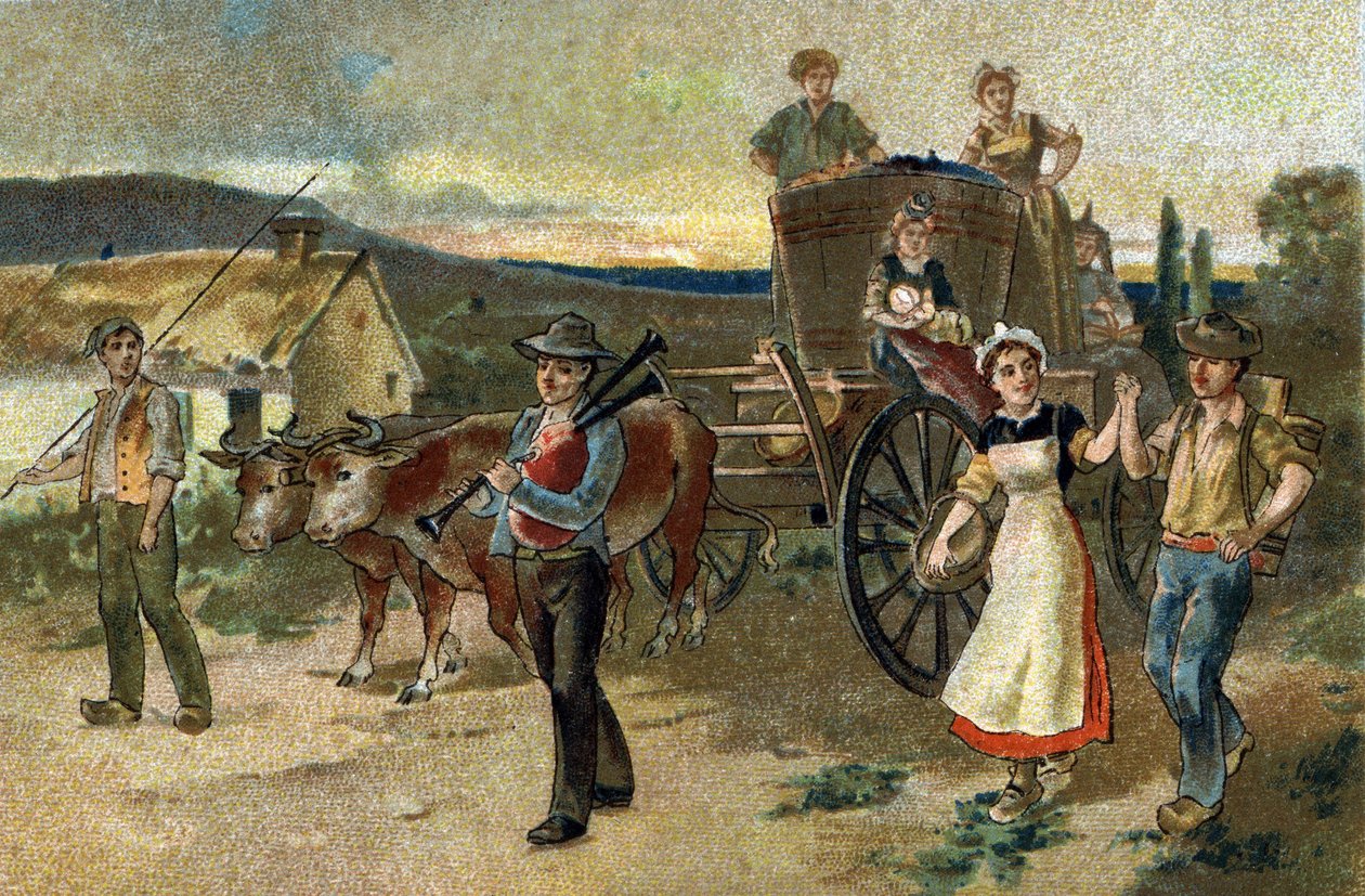 Starý zvyk oslavovaný v regionu Burgundsko: Dožínky. Poslední ročník. Chromolitografie konce 19. století. od Unknown artist