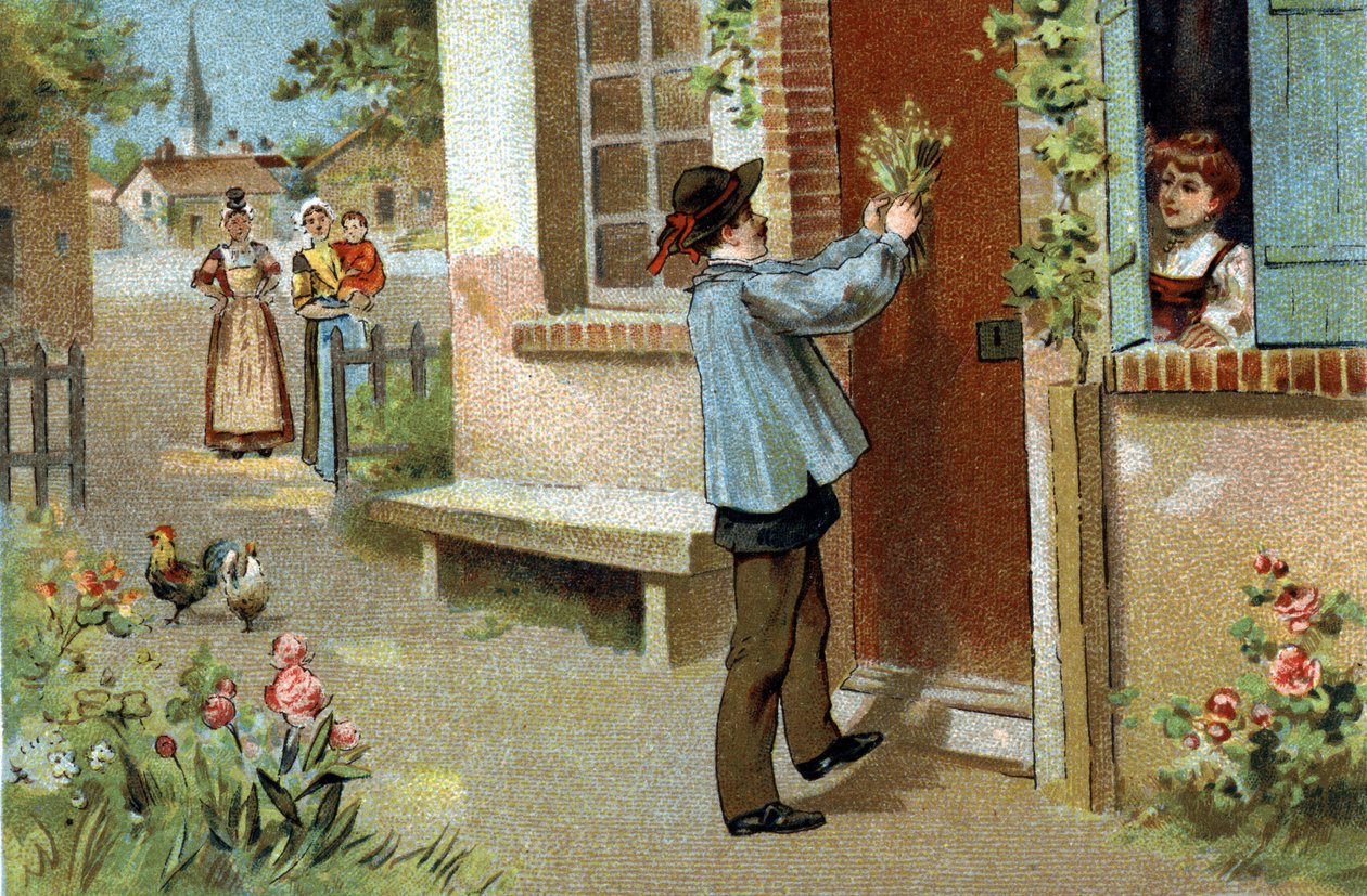 Starý zvyk slavený v oblasti Burgundska: Májová hostina. Chromolitografie konce 19. století. od Unknown artist