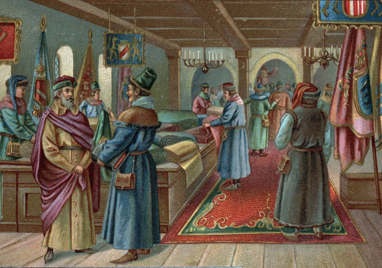 Stará nákupní centra: plátěná hala v Bruggách, Belgie v 15. století. Chromolitografie konce 19. století od Unknown artist