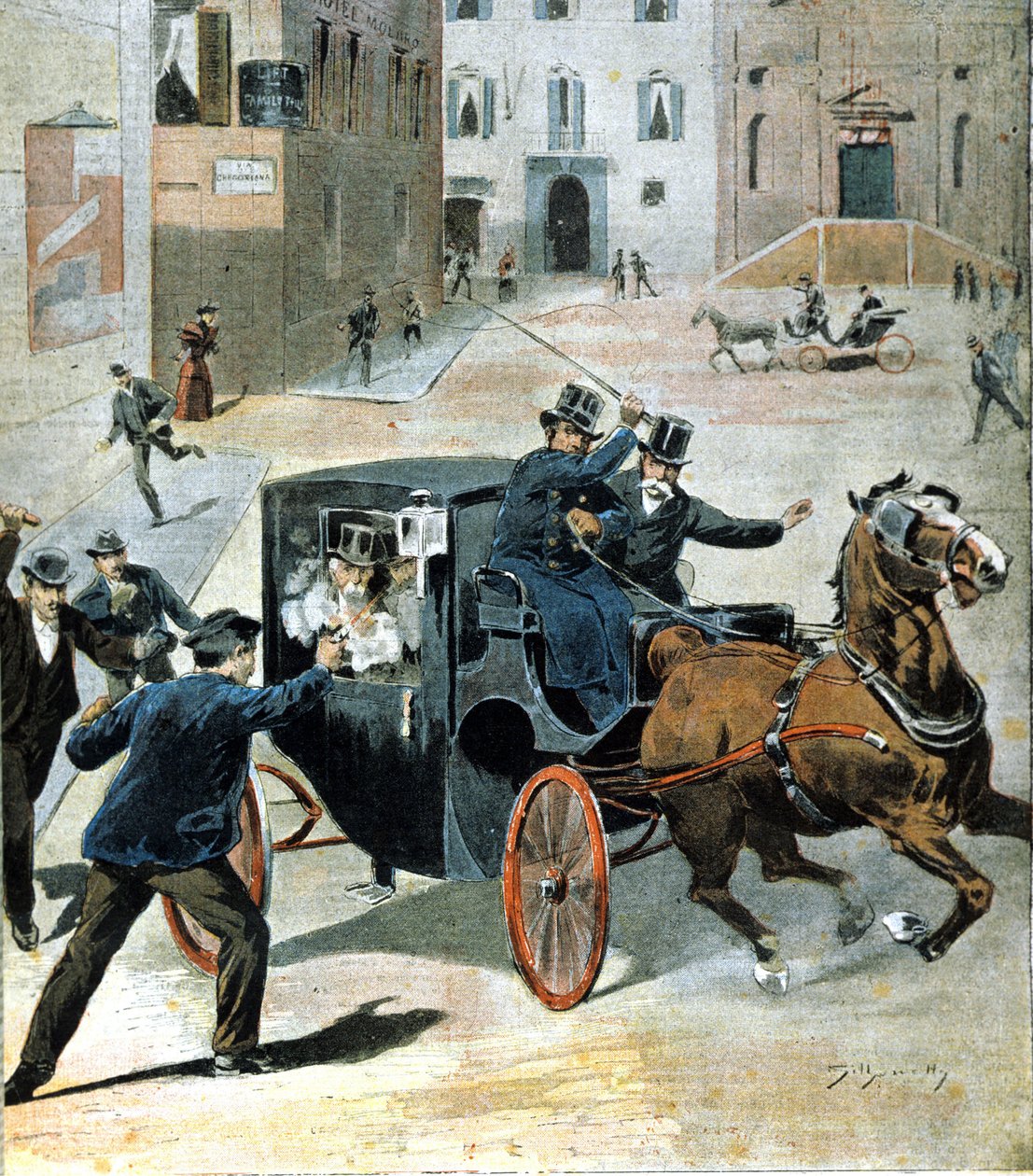 Dne 16. června 1894 v Římě vystřelil anarchista Paolo Lega z revolveru na Francesca Crispiho, prezidenta Italské rady. Ilustrace z období. od Unknown artist