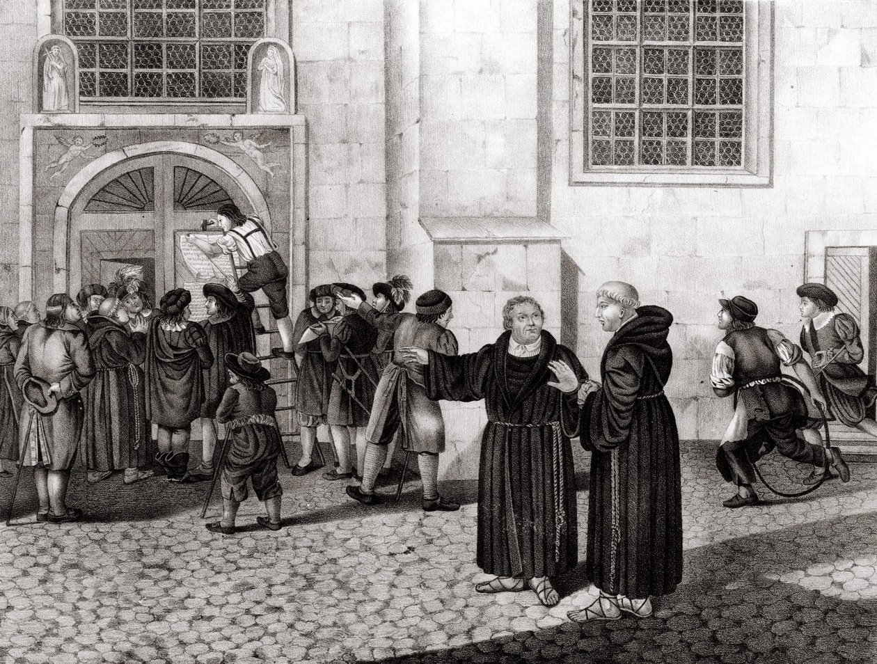 Dne 31. 10. 1517 vyvěsil Luther na brány zámku Wittenberg svých 95 tezí „“ odsuzujících prodej odpustků a které znamenaly začátek reformace - grav. od Unknown artist