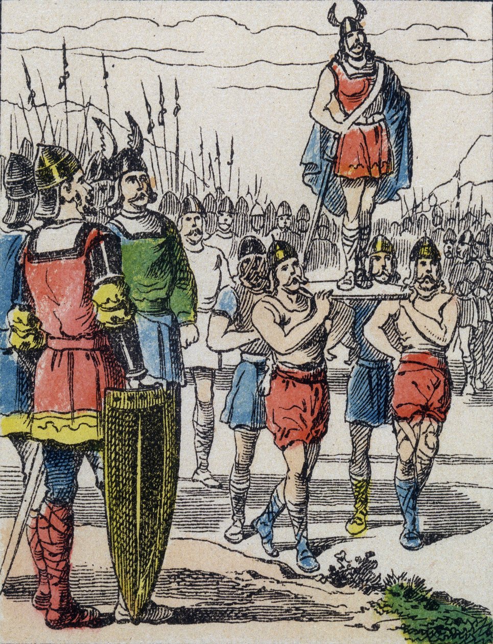 Po smrti Childerika I. byl jeho syn Chlodvík zvolen králem salianskými franky, kteří ho při prohlídce tábora nosili na hradbě (rytina) od Unknown artist