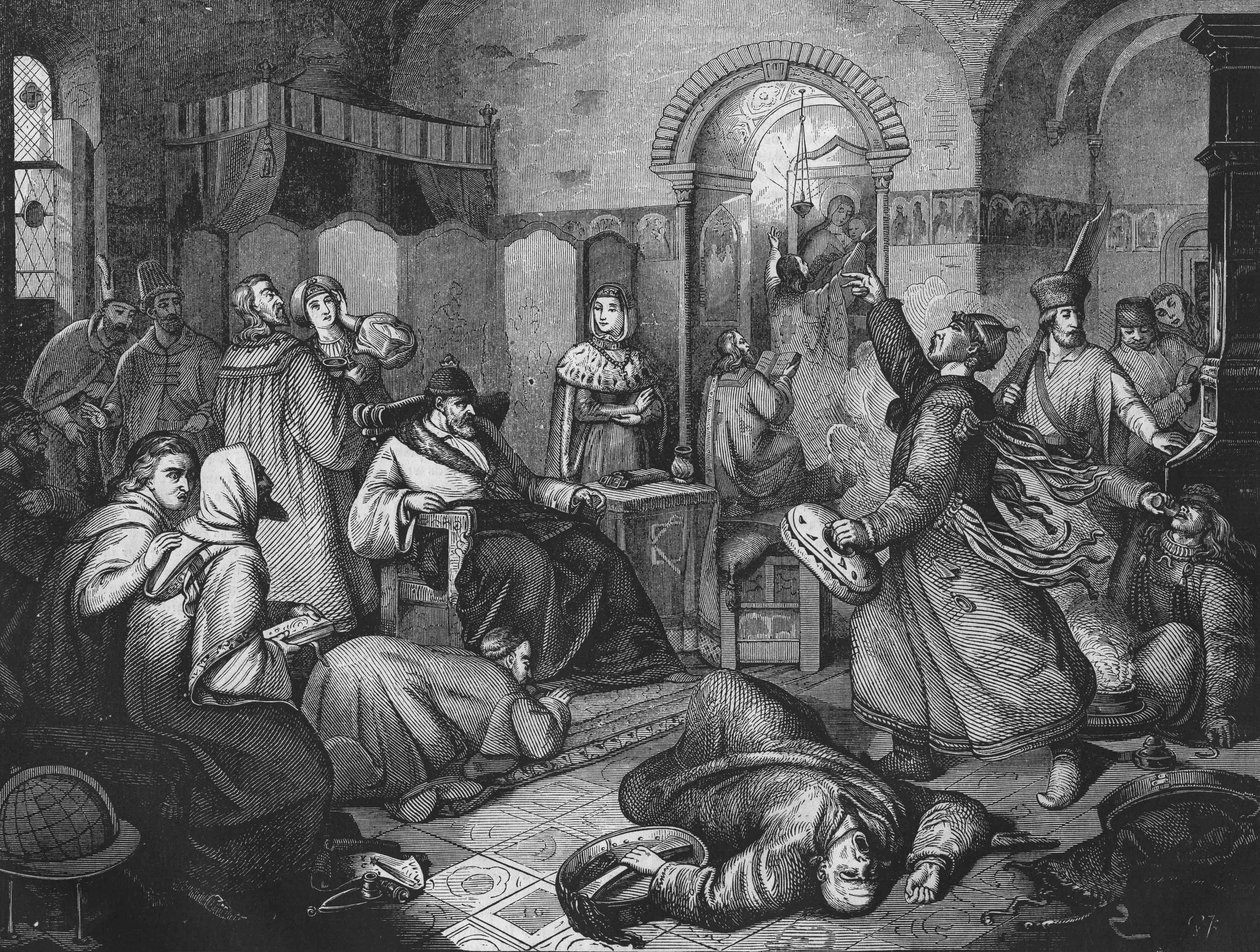 Poslední den Ivana IV. Hrozného (1530-1584), cara a velkého knížete Ruska, vedle něj jeho krásná dcera. rytina z roku 1860. od Unknown artist