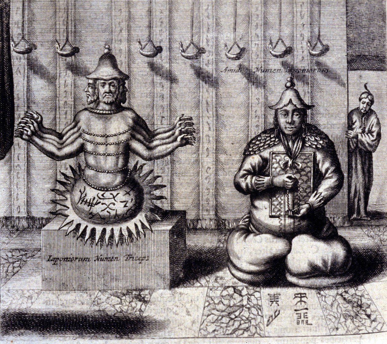 Vlevo má hinduistické božstvo osm paží, vpravo Amida, japonský Buddha. „De China Monumenta“ od Athanasius Kircher (1601 - 1680), jezuita, orientalista a germanista, Amsterdam 1667. od Unknown artist