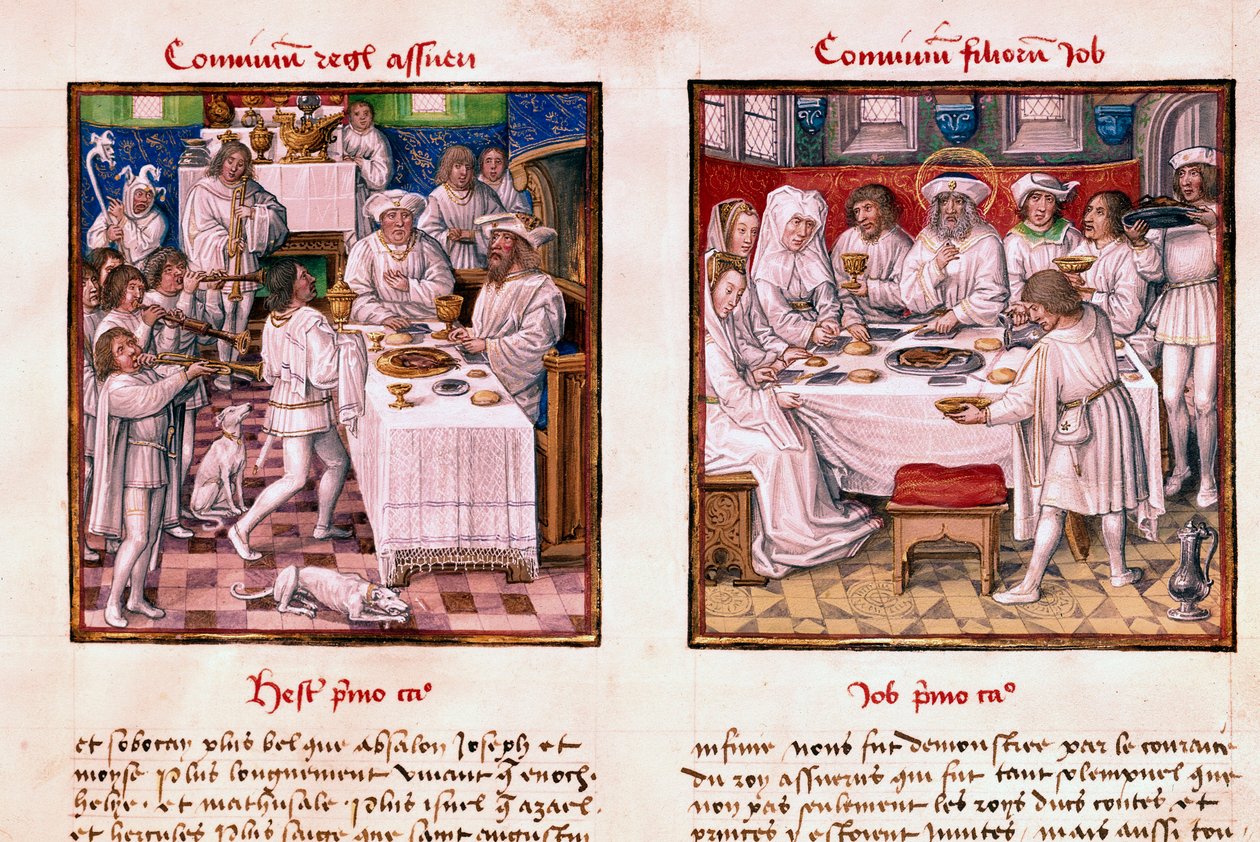 Vlevo svátek Assuera 1. (Xerxes 1.). Vpravo svátek synů Jobových. Miniatura z rukopisu „“Le Miroir de l