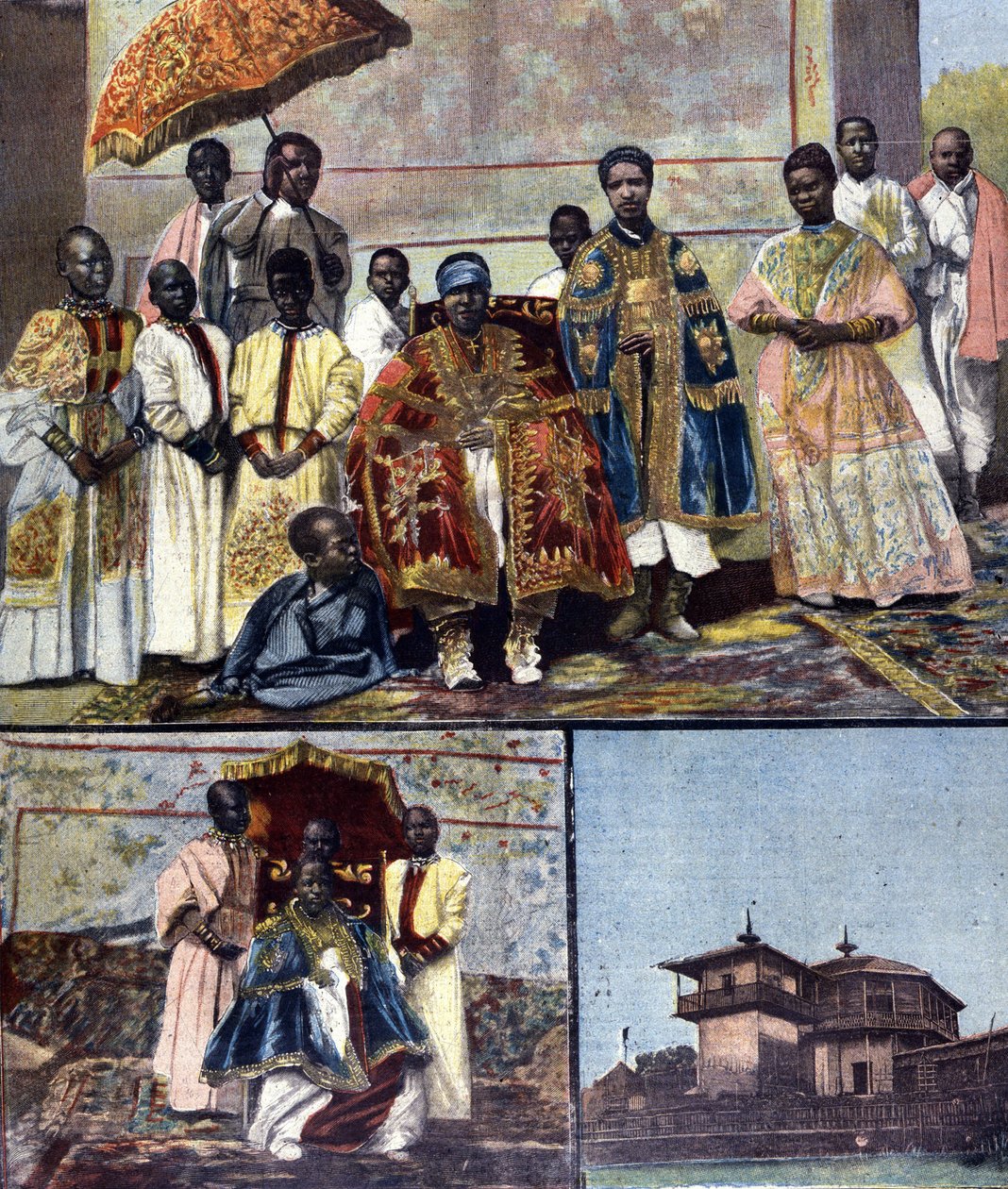 Na vrcholu je Impress Taitou z Etiopie, manželka Menelika II a jeho pokračování. Vlevo dole je jeho dcera, budoucí královna Zaouditou (1876 - 1930). Vpravo císařský palác Ghebi v Addis Abebě. Ill. pro tisk z konce 19. století. od Unknown artist
