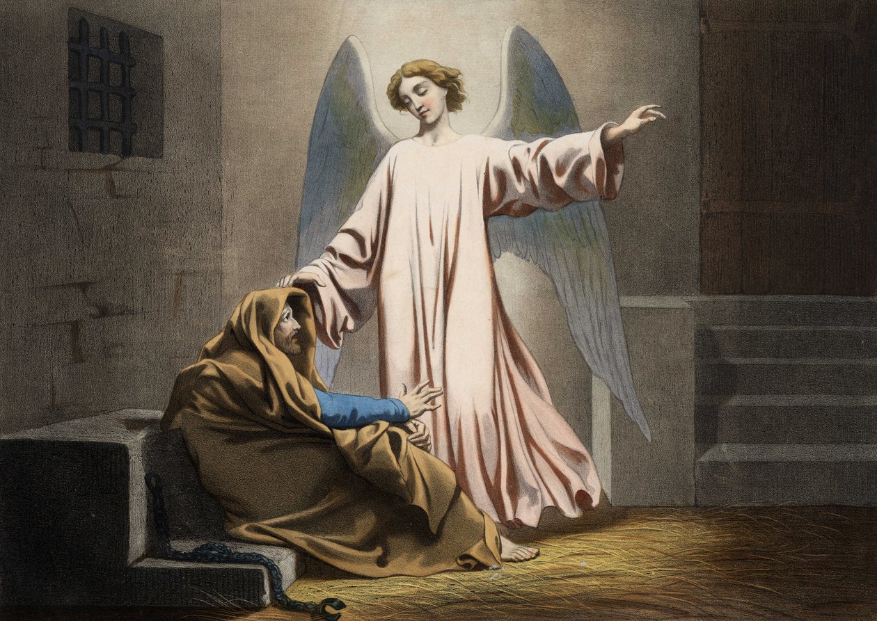 Jakmile je svatý Petr dvakrát zastaven, je vysvobozen andělem. Anonymní rytina z poloviny 19. století. od Unknown artist