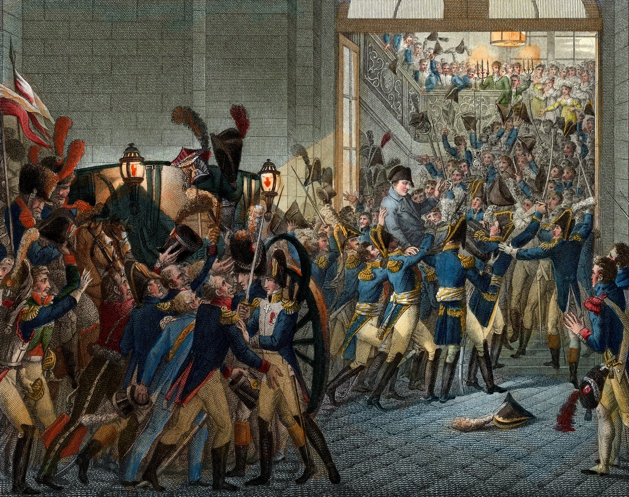 Sto dní: „“ Napoleon Bonaparte (1769-1821) se vrátil z exilu na ostrově Elba – triumfální vstup 20. března 1815 v Palais des Tuileries – Rytina 19. století od Unknown artist