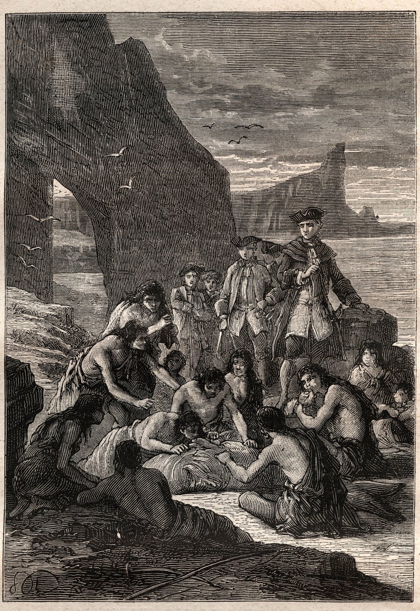 Jeden z nich odpojený se zuby: viceadmirál John Byron (1723-1786) na jednom z ostrovů v Detroitu Magellan - Fuegové (obyvatelé Ohňové země) svými zuby rozebírají roztrhanou a zkamenělou velrybu na pláži - nemocný od Unknown artist