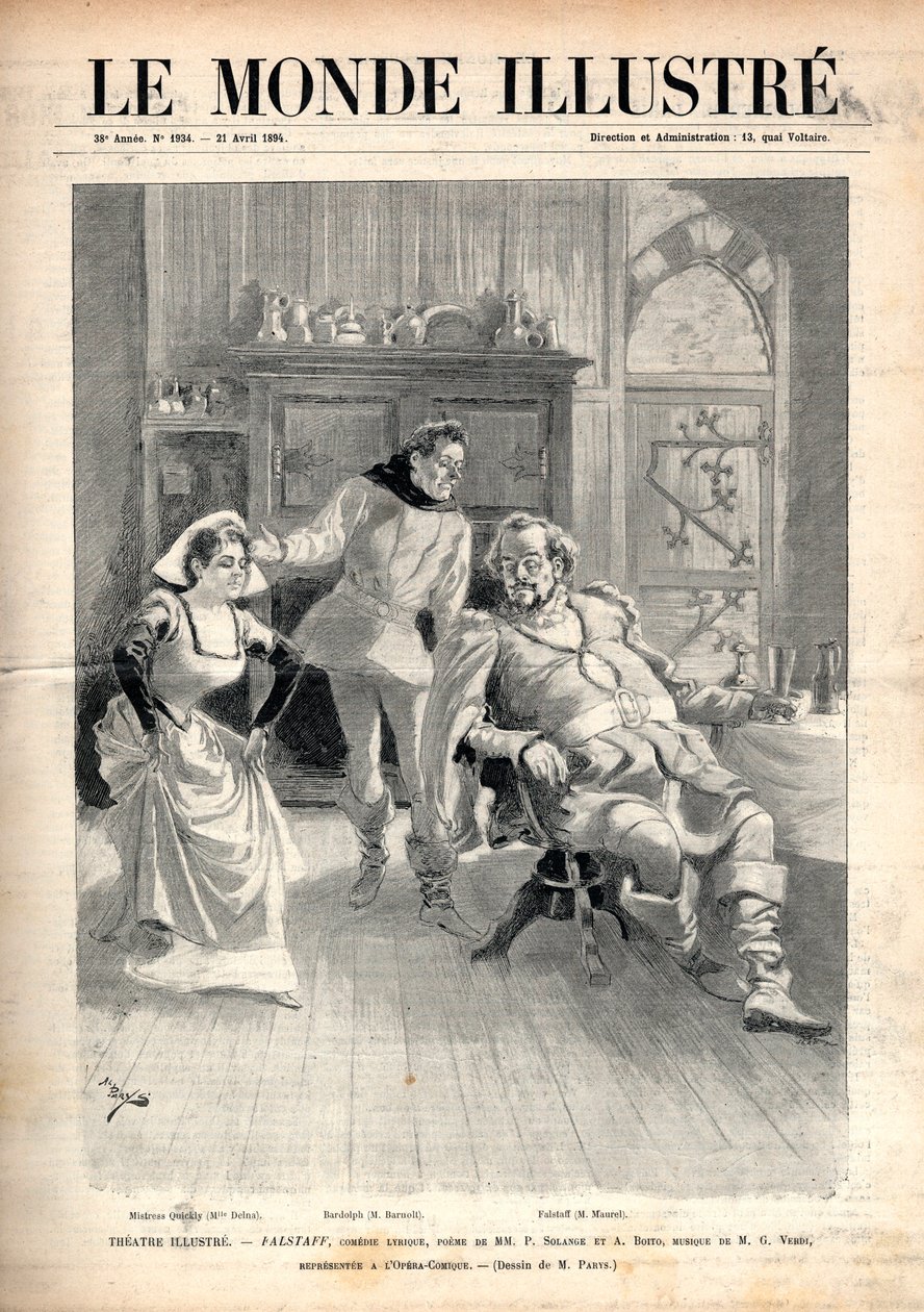 Opera „“Falstaff““ od Giuseppe Verdiho (1813-1901), lyrická komedie o třech dějstvích od Arriga (nebo Enrica) Boita, zastoupená na pařížské opeře comique v roce 1894 s Victorem Maurelem, Marií Delnou a Paulem Fleuretem (Barnolt) (1844 -1900) - Obálka „The  od Unknown artist