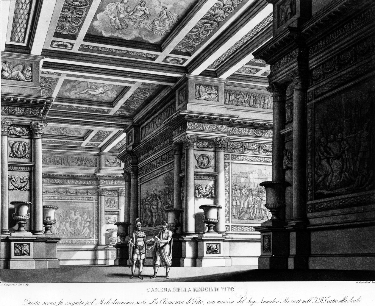 Opera: "" La Clemenza di Tito "", hudba od Mozarta, v Casa de Milan - rytina v "" Milánských divadelních scénách "" od Unknown artist