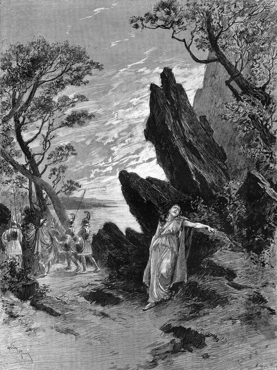 Opera “” Sapho”” Emila Augiera (1820-1889) a Charlese Gounoda (1818-1893) se zpěvákem Krausem v posledním dějství. Gravírování v „“Le Monde Illustré““ od Unknown artist