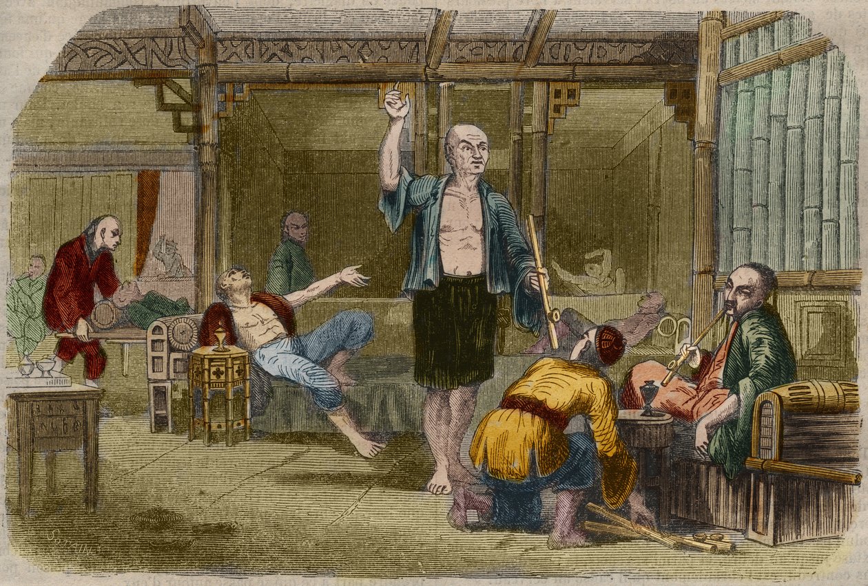 Kuřáci opia v Číně v polovině 19. století. Rytina z roku 1857 v „“Le Musee Des Sciences““ od Unknown artist