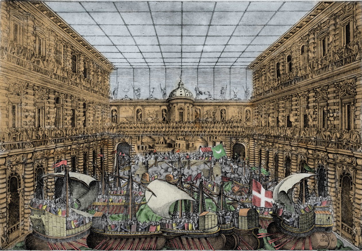 Orazio Scarabelli, Naval Battle Show (naumachia) se tyčí na nádvoří Palazzo Pitti ve Florencii (Královský palác rodiny Medici, velkovévodové z Toskánska) Naumachia na nádvoří Palazzo Pitti, Florencie od Unknown artist