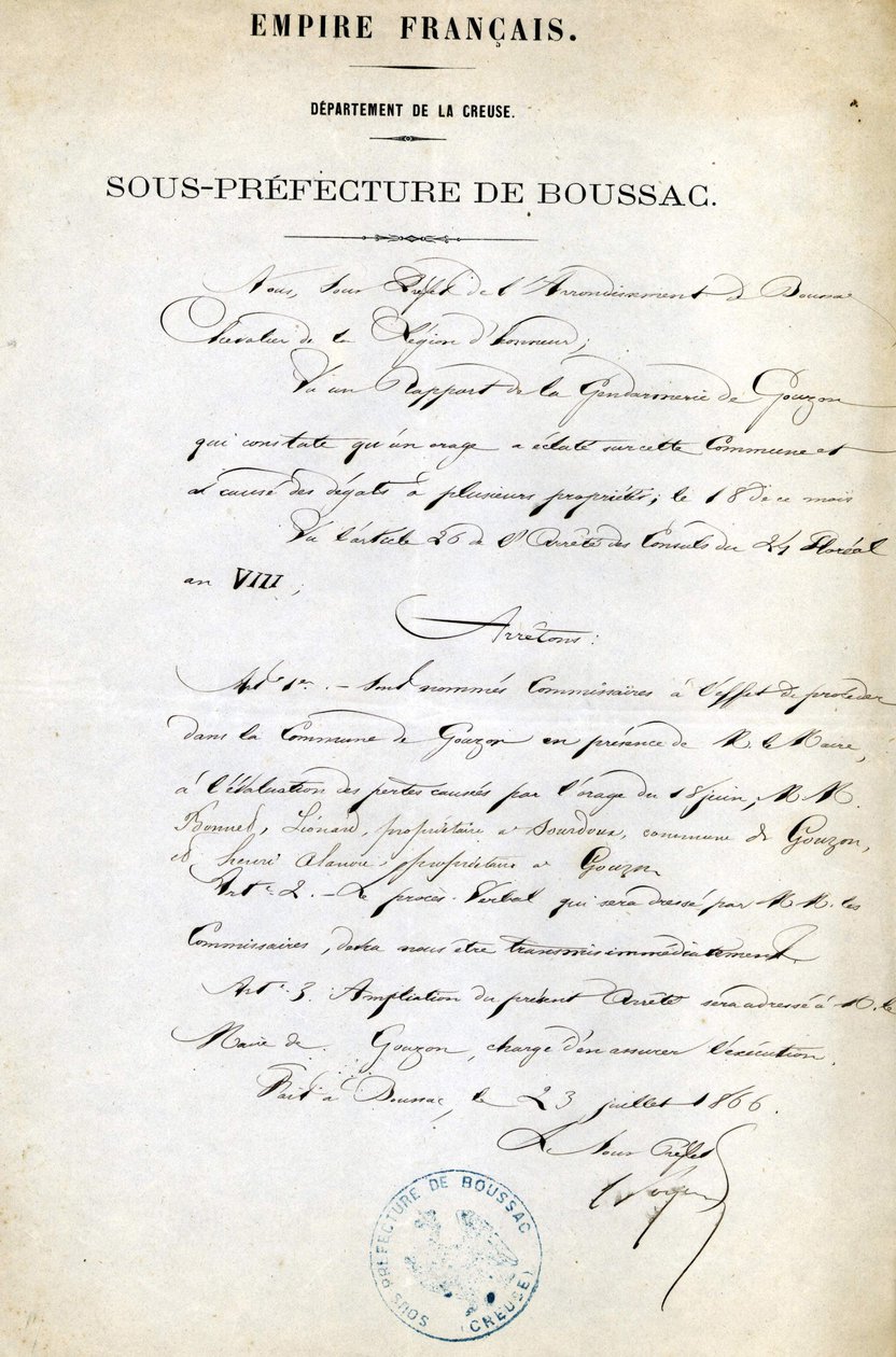Řád subprefektury Creuse (obvod Boussac) z 23. července od Unknown artist