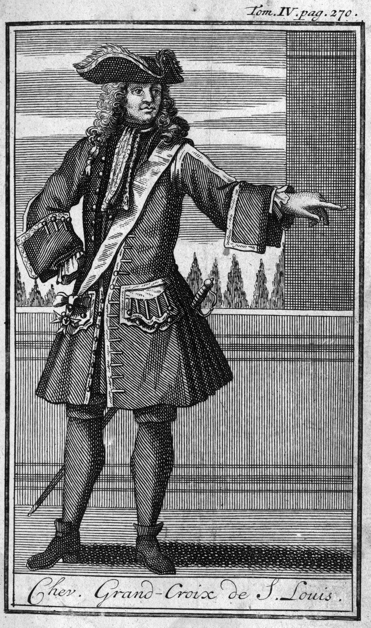 Rytířské řády. Chevalier Grand Cross Saint Louis ve Francii v 17. století. V „“ Dějiny vojenských řádů či rytířů, seculierů a řadových milicí obou pohlaví, které se dosud ustavily. Edice převzata od Abbe Giustiniho od Unknown artist
