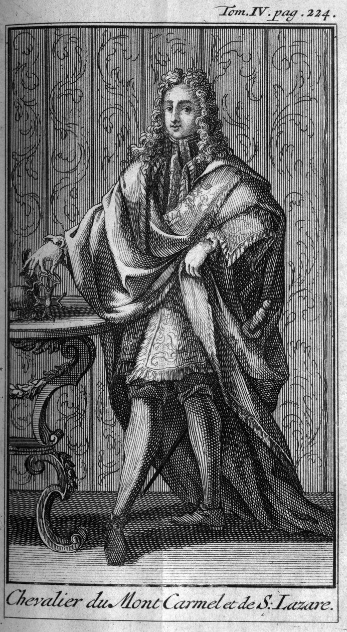 Rytířské řády. Rytíř hory Karmel a svatý Lazar ve Francii v 17. století. In „“ Historie vojenských řádů či rytířů, sekuliérských a regulérních milicí obou pohlaví, které byly ustaveny dodnes. Vydání převzato od abbého Giusta od Unknown artist