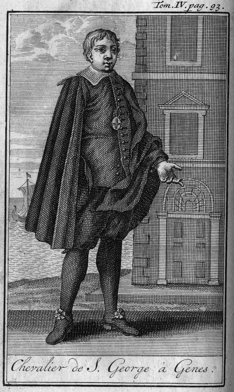 Rytířské řády. Rytíř svatého Jiří a Genes (Genova italia Itálie) In „“ Historie vojenských řádů neboli rytířů, bezpečných a rutinních milicí obou pohlaví, které byly dosud založeny. Vydání převzato od Abbe Giustiniani, R.P. Bonani, M. od Unknown artist