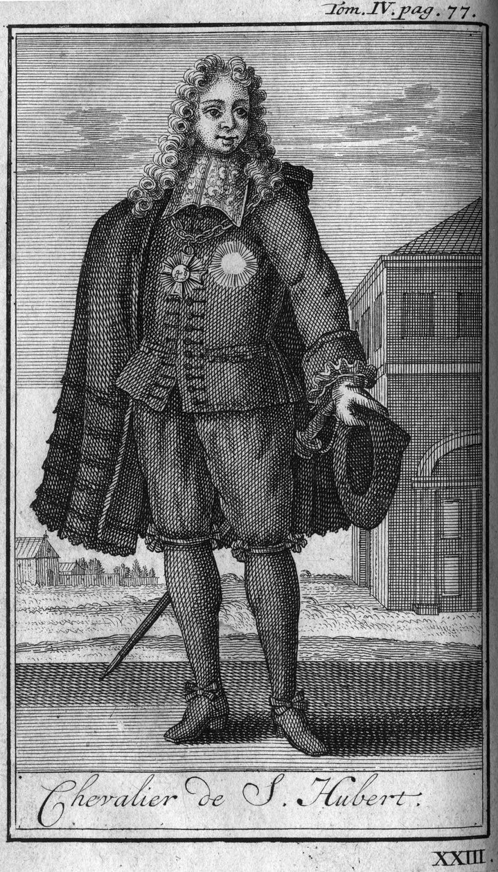 Rytířské řády. Rytíř svatého Huberta vévodovi z Juliers v 15. století In „Historie vojenských řádů neboli rytířů, světských i řádových milicí obou pohlaví, které byly dosud ustaveny. Vydání převzato od Abbe Giustiniani, R. od Unknown artist