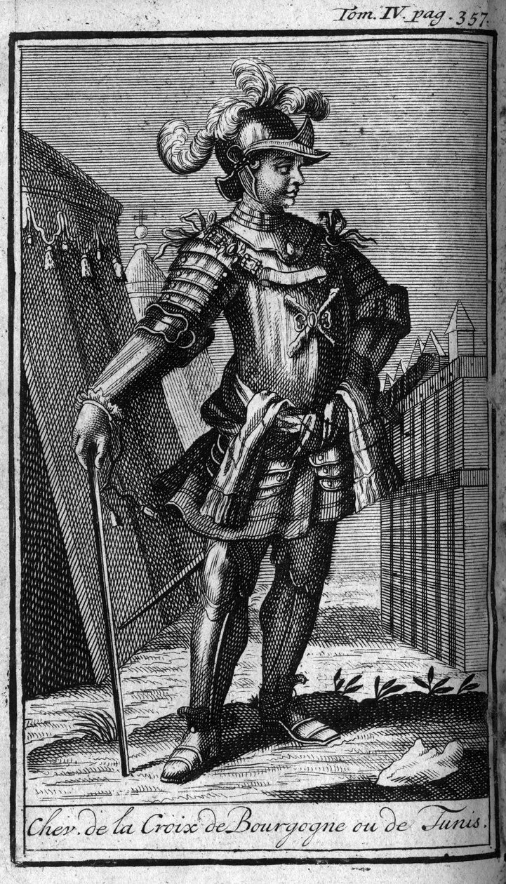 Rytířské řády. Rytíř kříže z Burgundska nebo Tunisu. In „“ Historie vojenských řádů či rytířů, dosud ustavených bezpečných a rutinních milicí obou pohlaví. Vydání převzato od Abbe Giustiniani, R.P. Bonani, M. Herman, Sch od Unknown artist