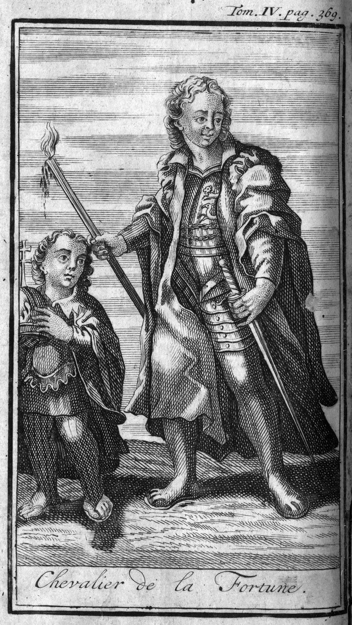 Rytířský řád. Rytíř štěstěny v Itálii. In „“ Historie vojenských řádů či rytířů, dosud ustavených bezpečných a rutinních milicí obou pohlaví. Vydání převzato od Abbe Giustiniani, R.P. Bonani, M. Herman, Schoonebeek, R.P.Hel od Unknown artist