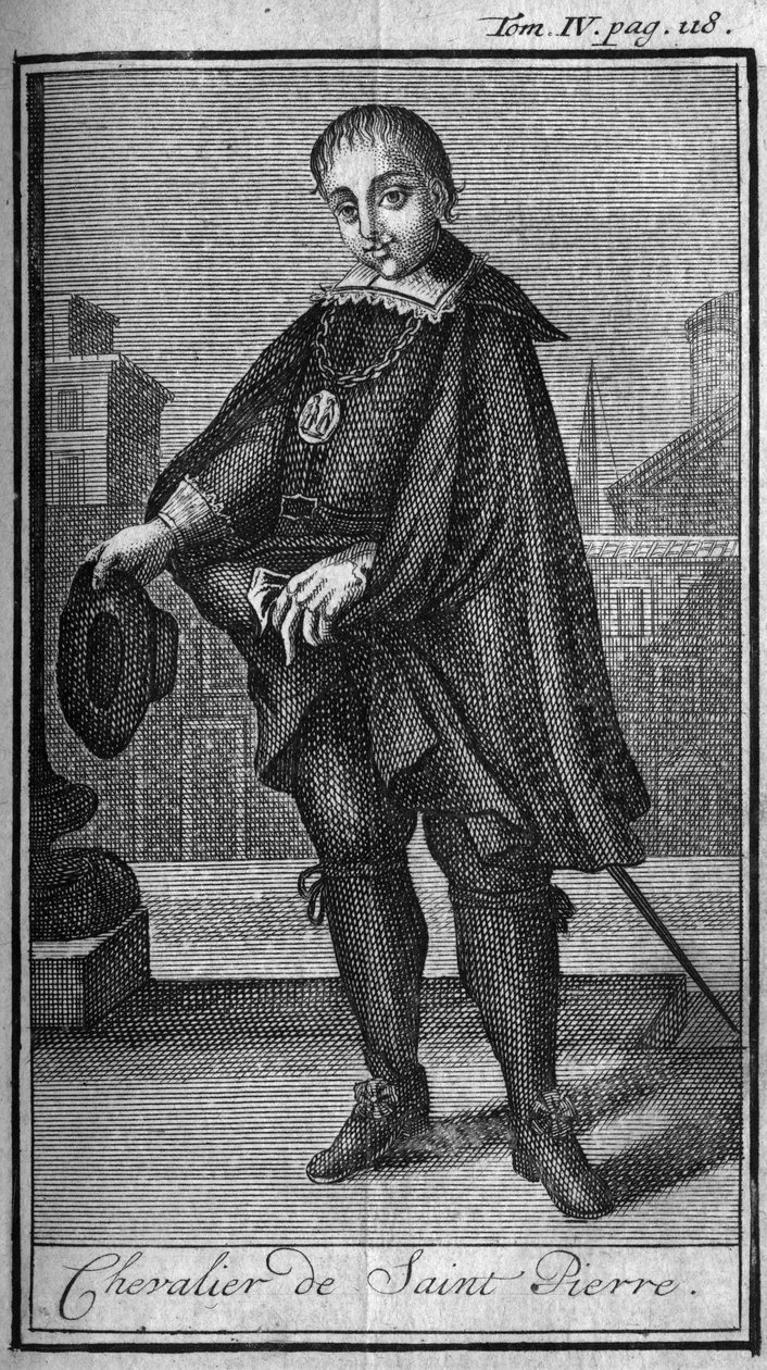 Rytířské řády. Rytíř svatého Petra (San Pietro) v Římě v 15. století. In „“ Historie vojenských řádů či rytířů, bezpečných a rutinních milicí obou pohlaví, které byly ustaveny až do současnosti. Vydání převzato od abbého Giustinianiho, od Unknown artist