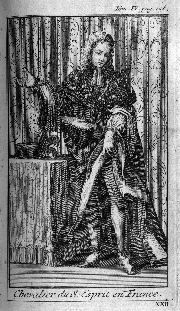Rytířský řád. Rytíř svatého ducha (Řád svatého ducha) ve Francii v 16. století. In „“ Historie vojenských řádů či rytířů, bezpečných a rutinních milicí obou pohlaví, které vznikly až do současnosti. Vydání převzato od Unknown artist