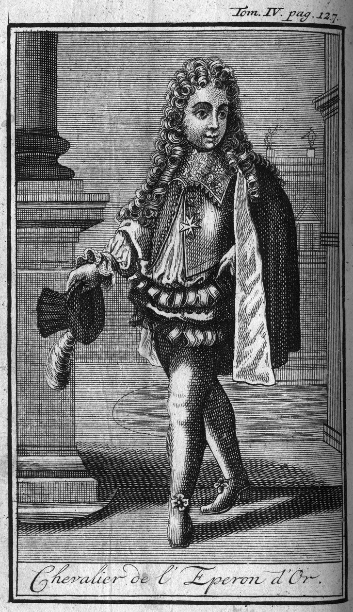 Rytířské řády. Rytíř Zlaté ostruhy v Římě (Romové) v Itálii v 16. století. In „“ Historie vojenských řádů či rytířů, bezpečných a rutinních milicí obou pohlaví, které vznikly až do současnosti. Vydání převzato od abbého G od Unknown artist