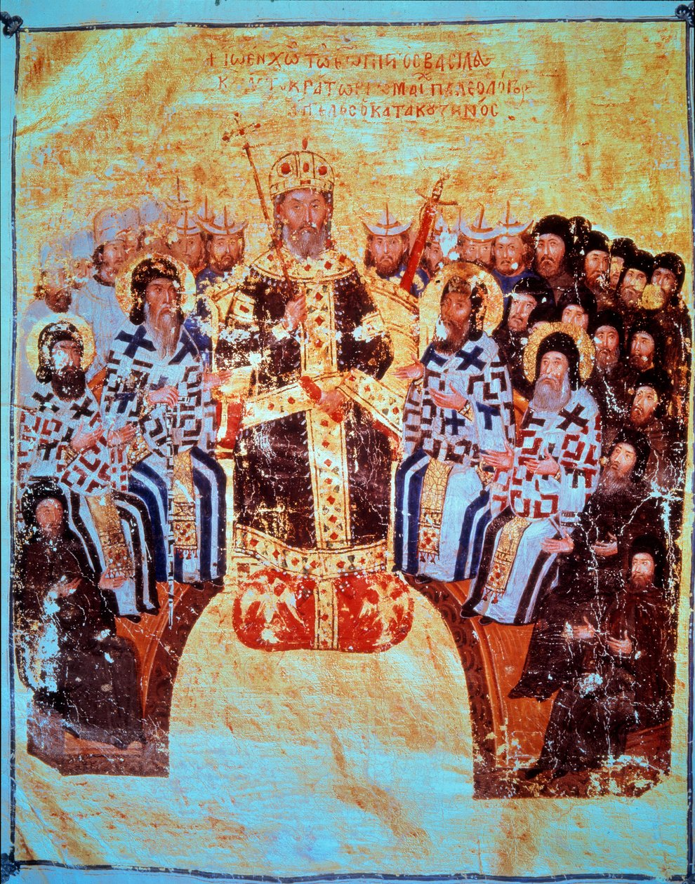 Ortodoxní náboženství: „“ Byzantský císař Jan VI. Cantacuzene (1293-1354) předsedající Konstantinopolskému koncilu 18/05/1351““ Miniatura převzata z „“ Theological Works““ 1370-1375 Paříž, B.N. od Unknown artist