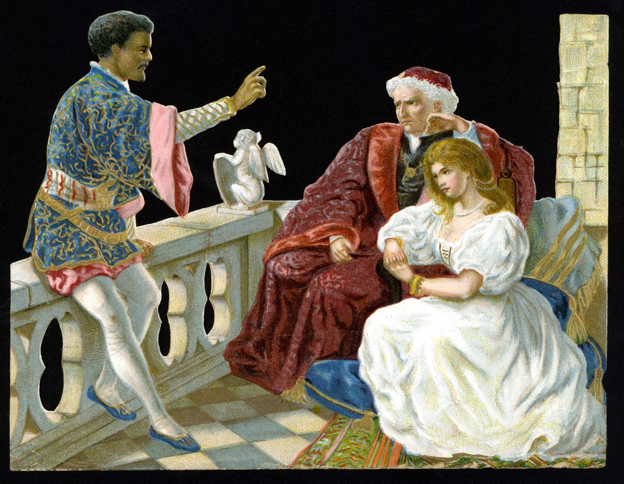Othello, Desdemona a Iago – v Othellovi aneb Benátské vřesoviště““ od Shakespeara (1604). Chromolitografie 19. století.” od Unknown artist