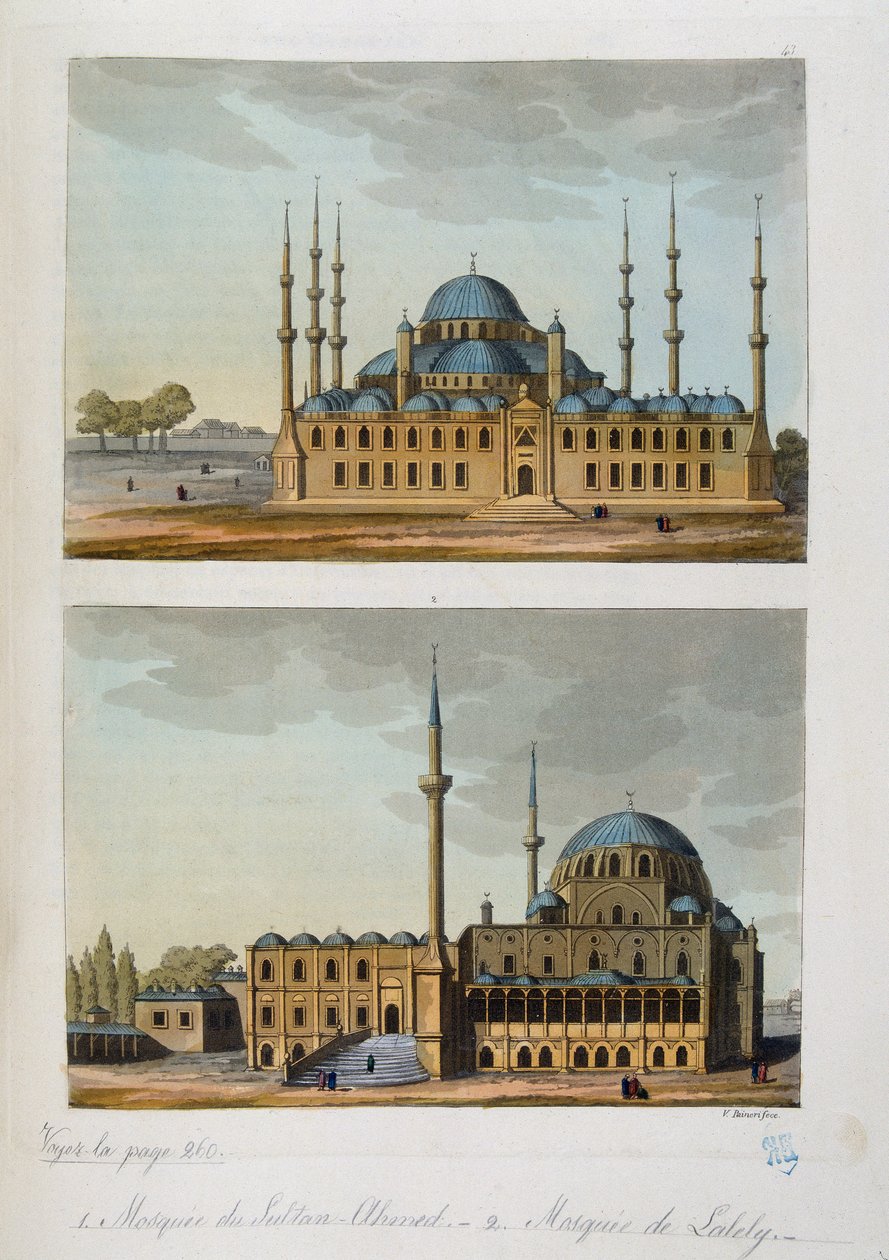 Osmanská říše: Modrá mešita (nebo Sultanahmet Camii) postavená sultánem Ahmetem (Ahmedem) I. a mešita Laleli v Istanbulu – v „“Starověkém a moderním kostýmu“““ od Ferrario, ed Milan od Unknown artist