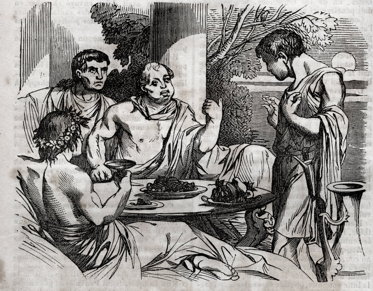 Venkovní banketová scéna - Vitellius (Aulus Vitellius Germanicus Imperator Augustus) Římský císař (15-69) pořádá hostinu - rytina do „“The Universal Health – Medical Guide for Families““ 1852 od Unknown artist