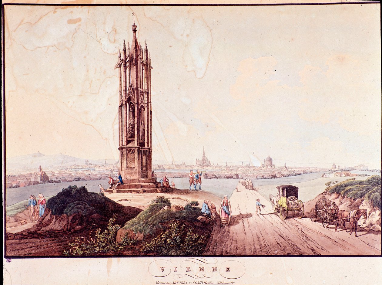 Pohled na město Vídeň s mostem přes Dunaj. Rakousko rytina ze soukromé sbírky z roku 1800 od Unknown artist
