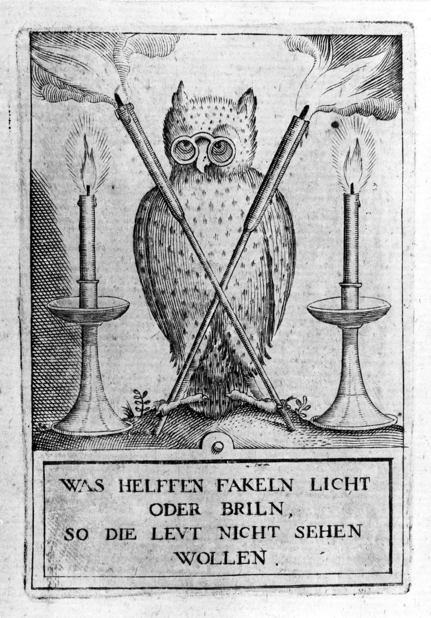 Sova s brýlemi, symbol moudrosti. Rytina „Amphitheatrum sapientiae aeternae“. (Amfiteátr věčné moudrosti) (Hamburk: n.n. od Unknown artist
