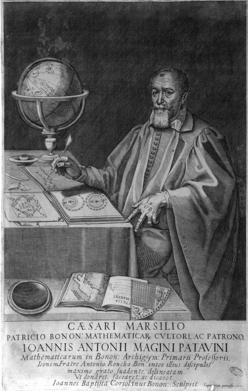 Padova Giovanni Luciano Magini (latinsky Antonius Maginus), matematik a astronom 16.-17. století ve své kanceláři s astronomickými přístroji. Rytina 1617. od Unknown artist