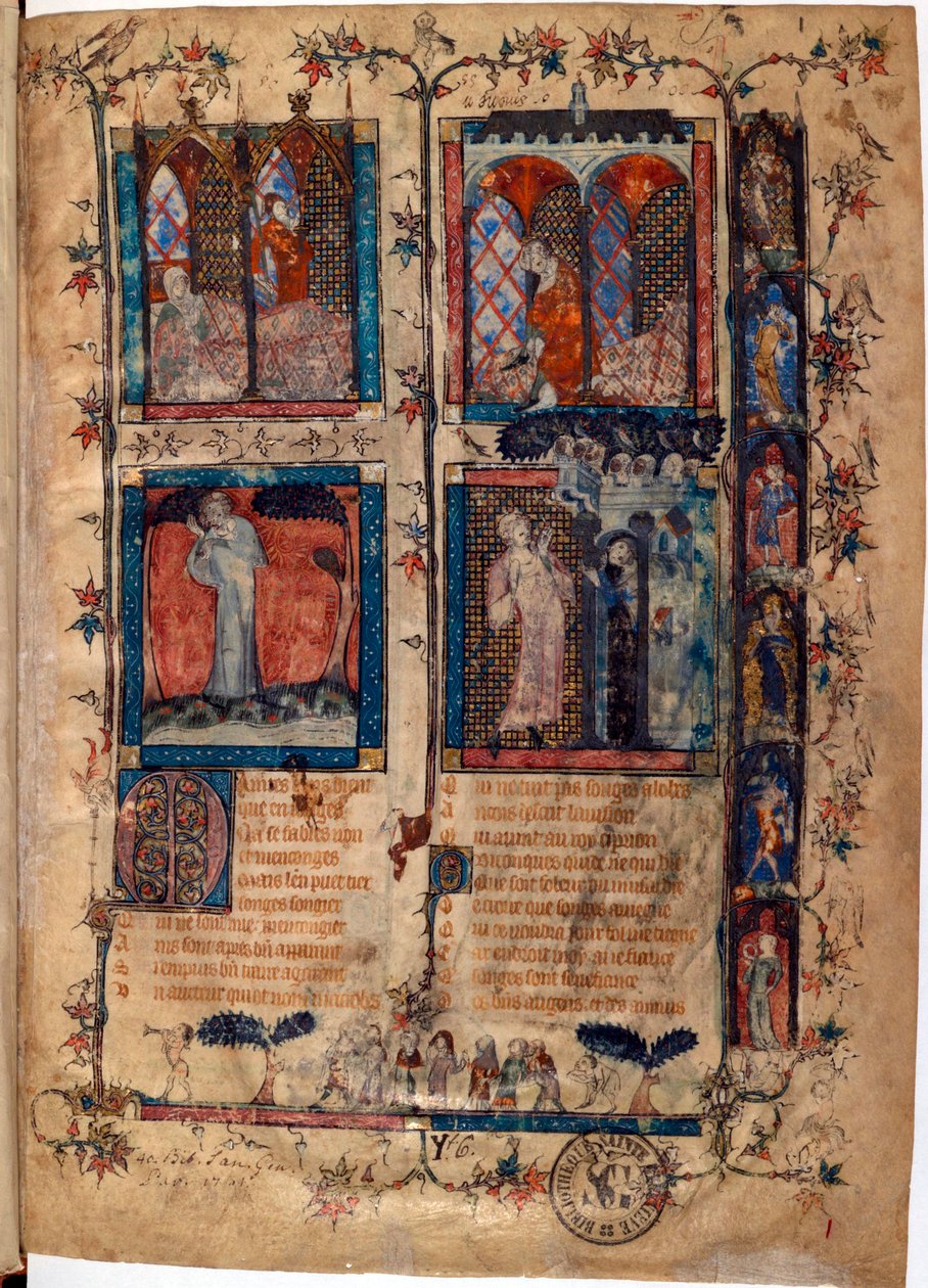 Iluminovaná stránka z rukopisu "Le Roman de la Rose"" od Guillaume de Lorris (asi 1200-1238) a Jean de Meun (Meung) (1240-1305) asi 1353 Švýcarsko Bibliotheque de Geneve od Unknown artist