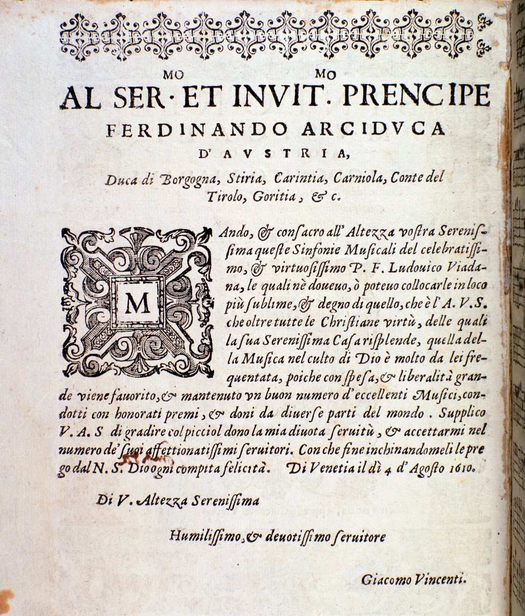 Strana věnovaná Ferdinandovi Rakouskému v partituře Symfonií Ludovica Viadany od Unknown artist