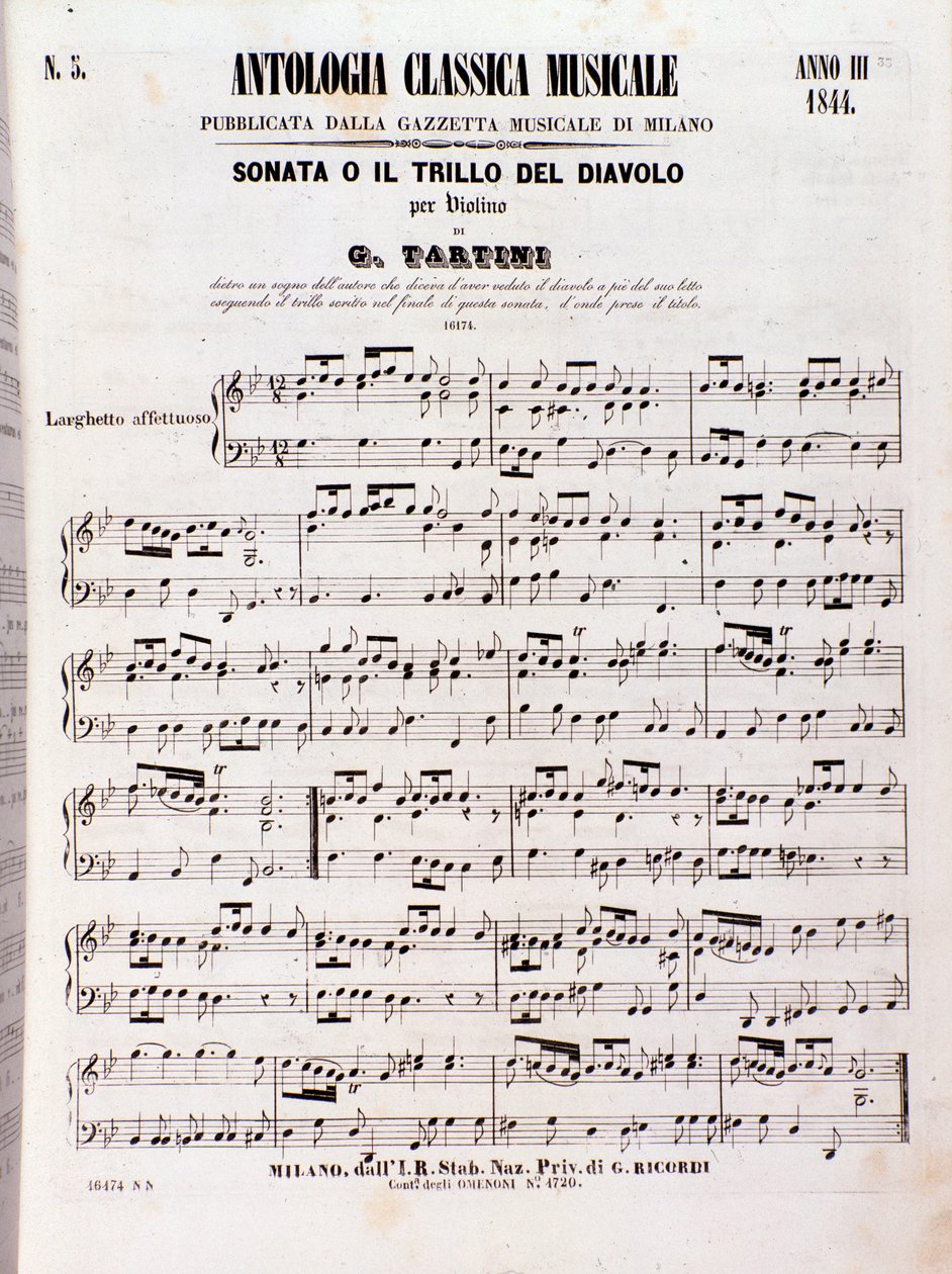 Strana hudební partitury Ďábelské trylkové sonáty od Tartiniho od Unknown artist