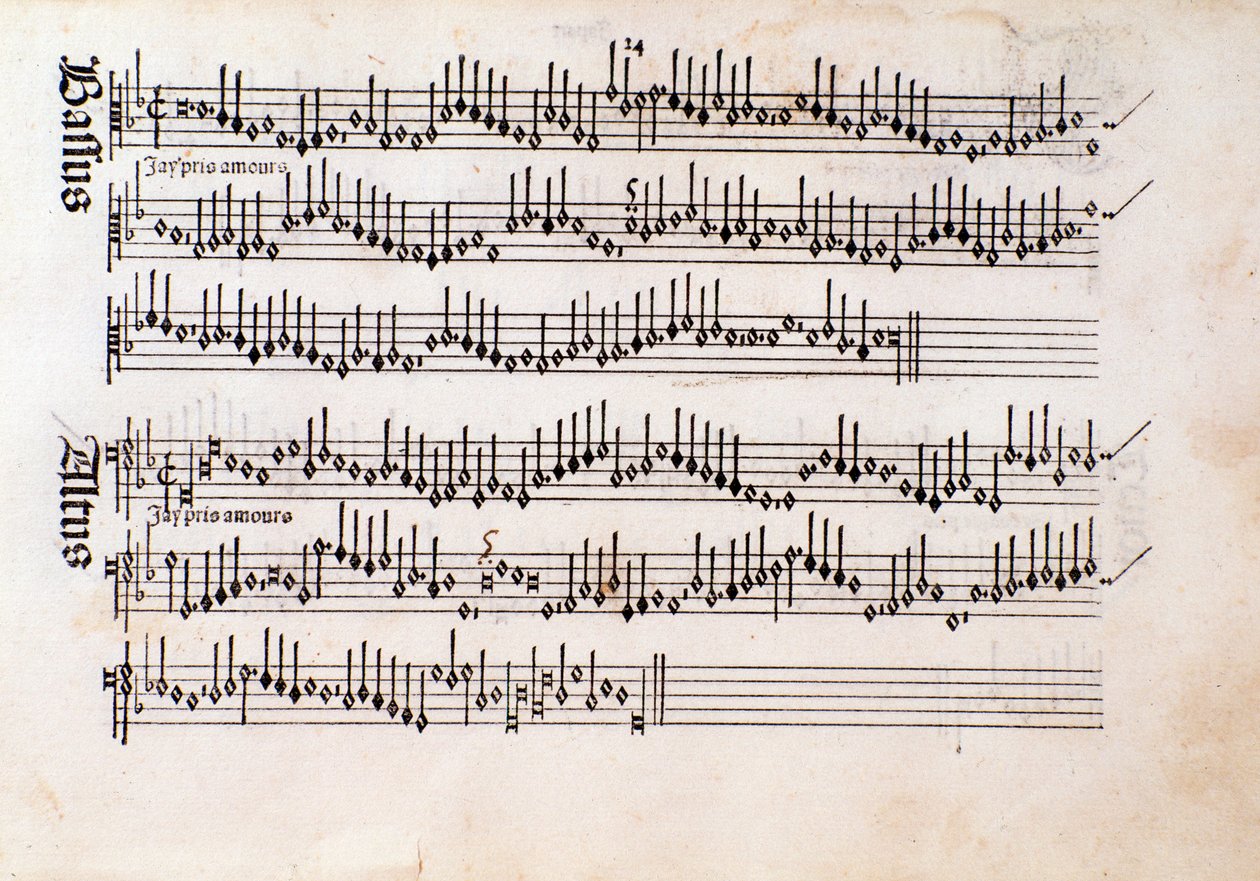 Strana hudební partitury Harmonice Musices Odhecaton od Ottaviana Petrucciho (1501) od Unknown artist